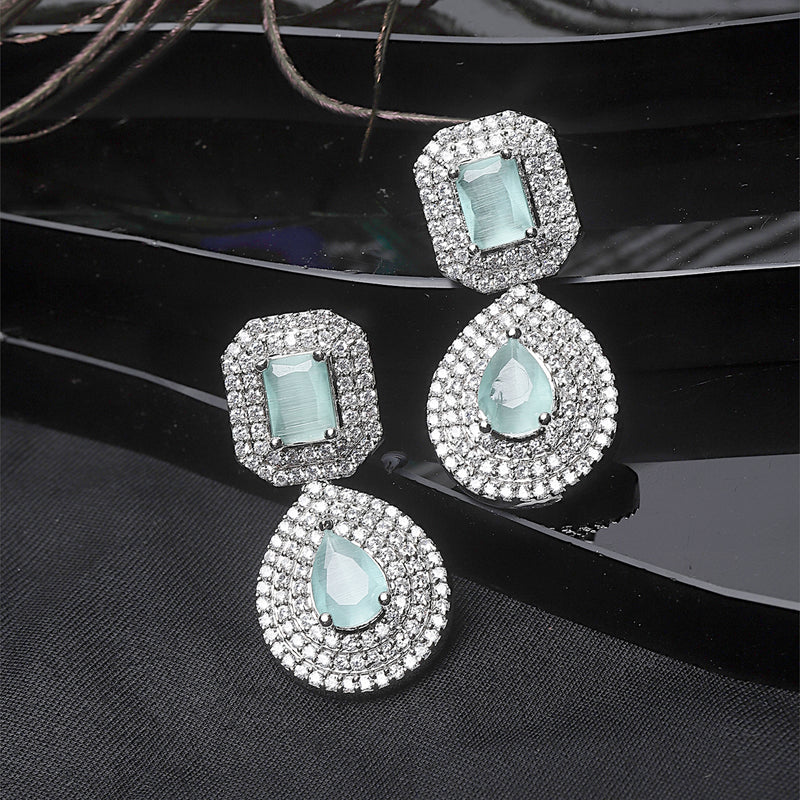 Rhodium-Plated Sea Green & White American Diamond studded Square & Teardrop Shaped Drop Earrings