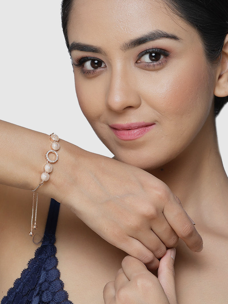 Rose Gold Plated American Diamond Studded Round & Halo Round Charm Adjustable Bracelet Combo Set of 2