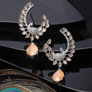 Rhodium Plated Peacock Feather Orange American Diamond Contemporary Long Drop Earrings