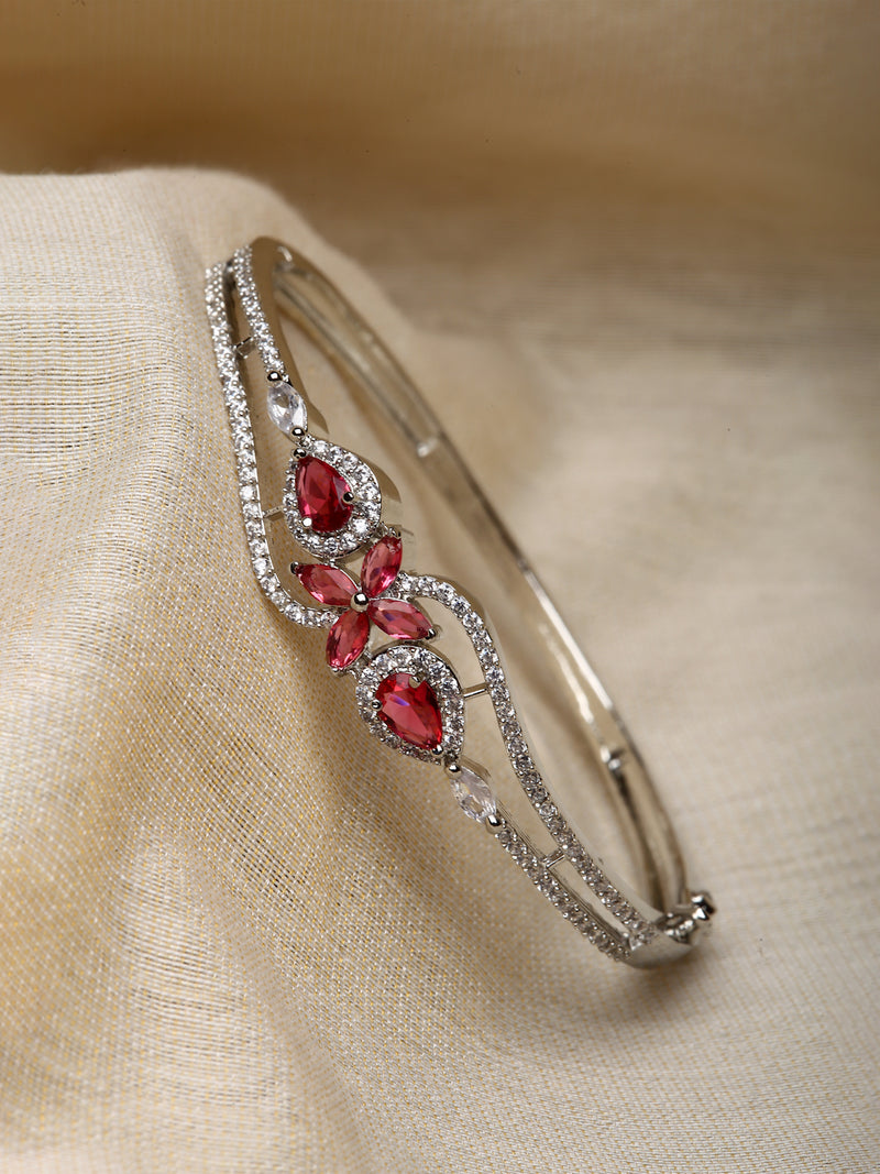 Rhodium-Plated Silver Toned Red American Diamond Studded Kada Bracelet