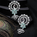Rhodium Plated Peacock Sea Green American Diamond Contemporary Long Drop Earrings