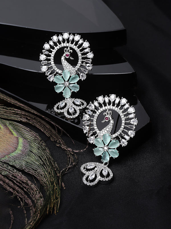 Rhodium-Plated Sea Green American Diamond studded Handcrafted Peacock Shaped Drop Earrings