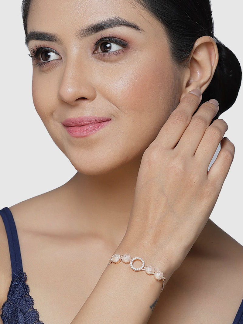 Rose Gold Plated American Diamond Studded Floral Design Cuff Bracelet  & Halo Round Charm Adjustable Bracelet Combo Set Of 2