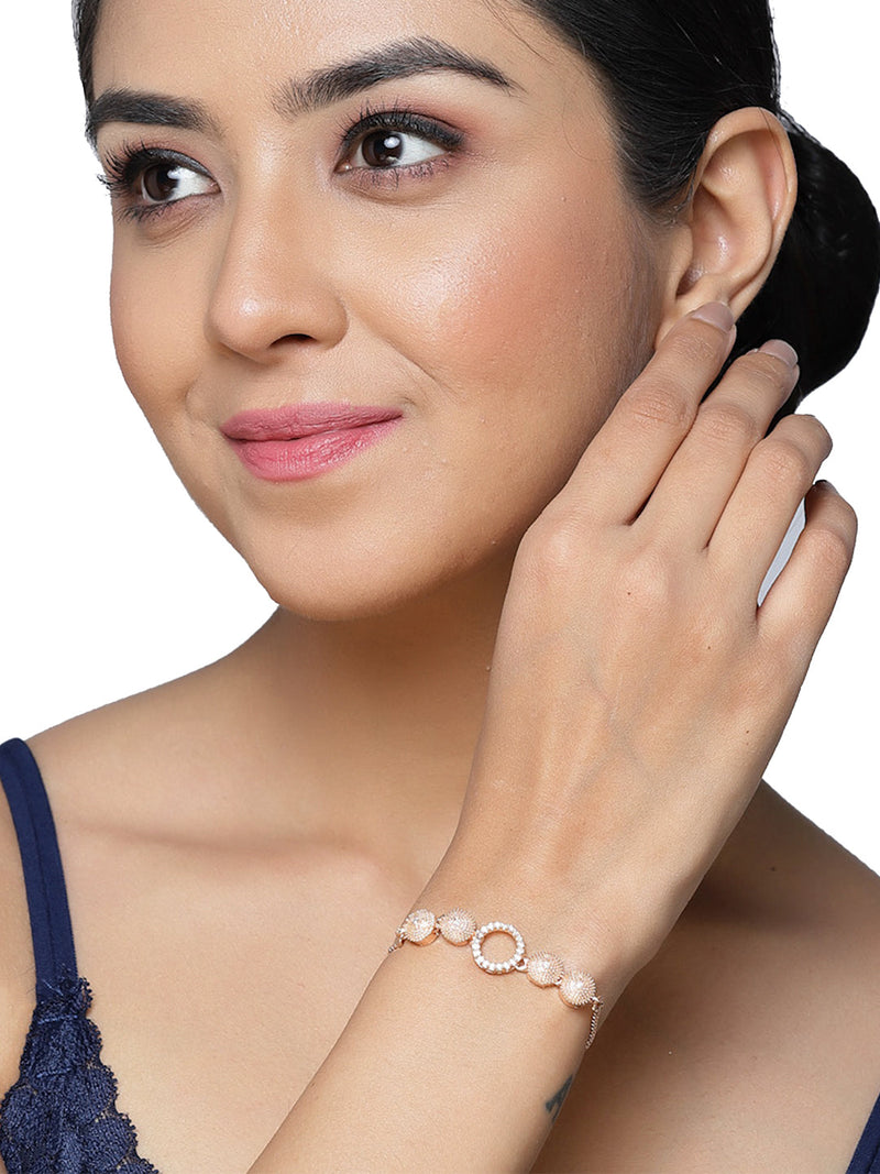 Rose Gold Plated Round Charm Beaded Set Of 2 Adjustable & Cuff Bracelet With Ring