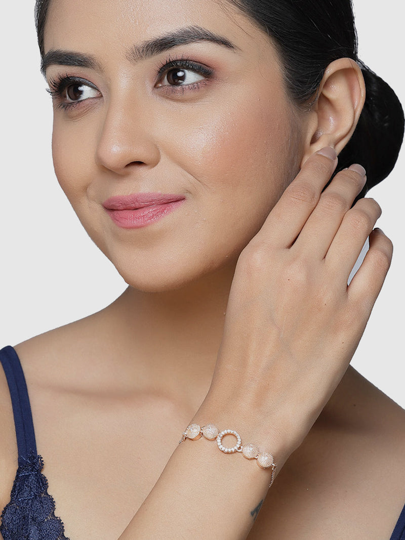 Rose Gold Plated  American Diamond Studded Round & Floral Charm Adjustable Bracelet Combo Set of 2