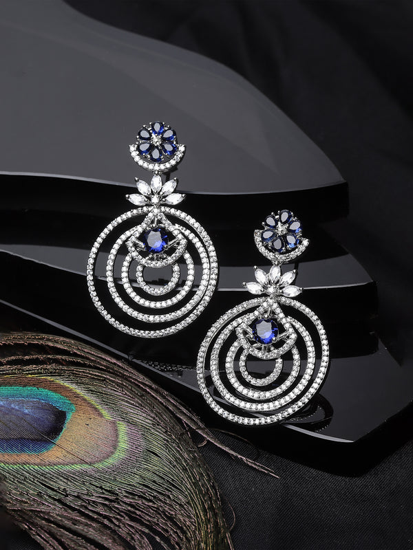 Rhodium-Plated Navy Blue & White American Diamond studded Floral & Circular Layered Drop Earrings