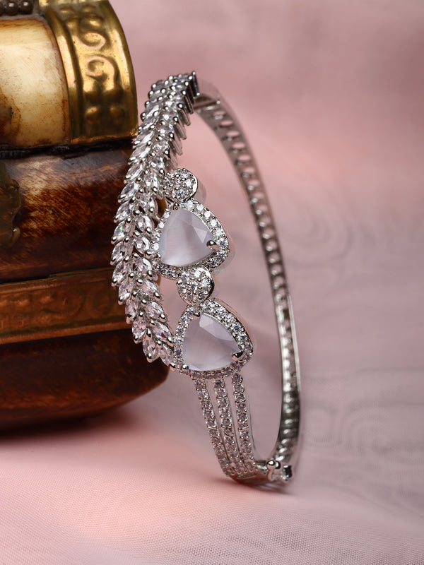 Rhodium-Plated Grey American Diamond Studded Teardrop & Leaf Shaped Kada Bracelet