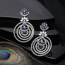 Rhodium-Plated Navy Blue & White American Diamond studded Floral & Circular Layered Drop Earrings