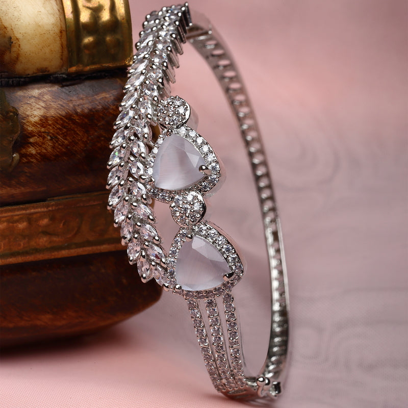 Rhodium-Plated Silver Toned Teardrop & Leaf Shaped Grey American Diamond Studded Bracelet