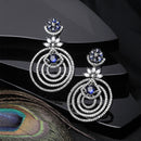 Rhodium Plated Circular Blue American Diamond Contemporary Drop Earrings