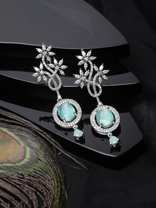 Rhodium-Plated Sea Green American Diamond studded Contemporary Drop Earrings