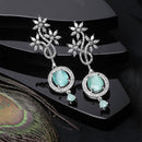 Rhodium-Plated Sea Green American Diamond studded Contemporary Drop Earrings