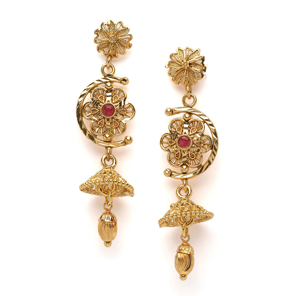 Gold-Plated Red Artificial Stone studded Dome Shaped Floral Jhumka Earrings