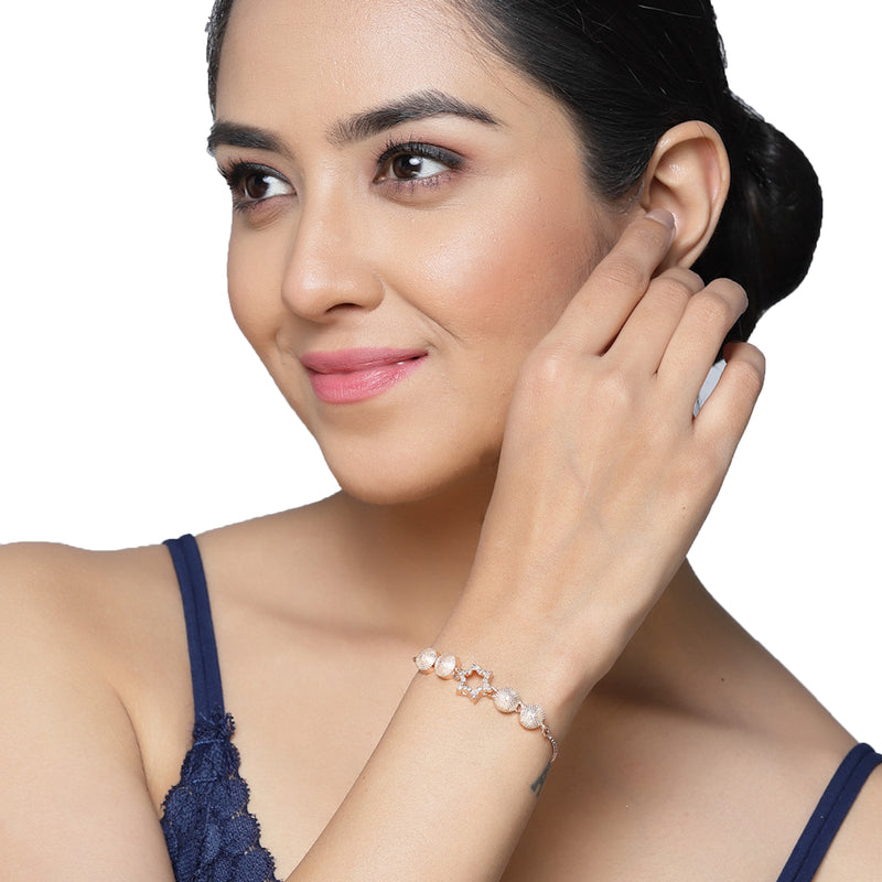 Rose Gold Plated Halo Star & Round Charm Beaded Set Of 2 Adjustable Stackable Bracelet