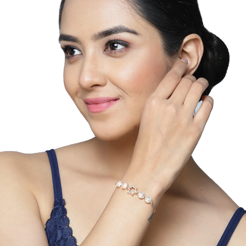 Rose Gold Plated American Diamond Studded Heart & Star Charm Adjustable Bracelet Combo Set of 2