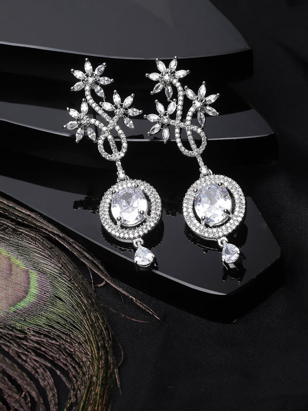 Rhodium-Plated White American Diamond studded Contemporary Drop Earrings
