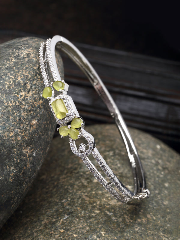 Rhodium-Plated Silver Toned Lime Green American Diamond Studded Kada Bracelet
