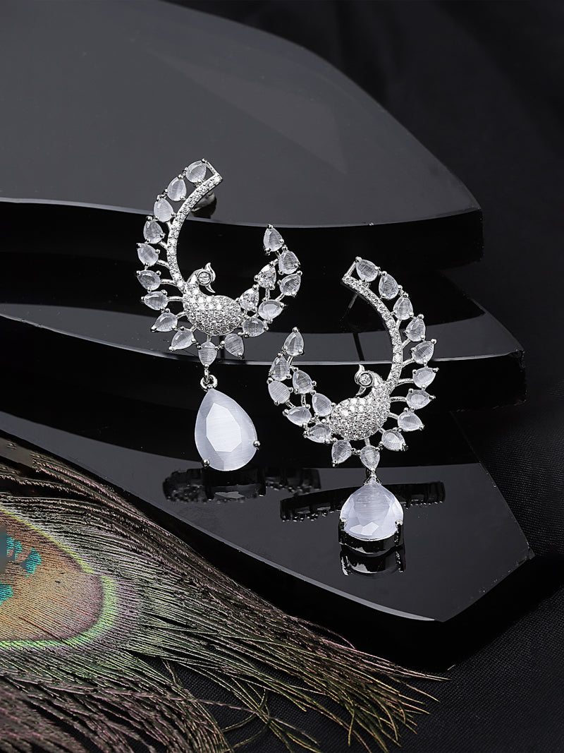 Rhodium-Plated Grey American Diamond studded Peacock & Feather Shaped Drop Earrings
