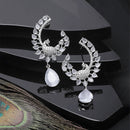 Rhodium-Plated Grey American Diamond studded Peacock & Feather Shaped Drop Earrings