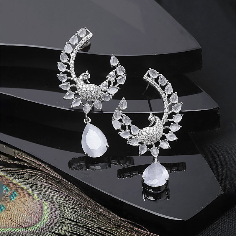 Rhodium-Plated Grey American Diamond studded Peacock & Feather Shaped Drop Earrings