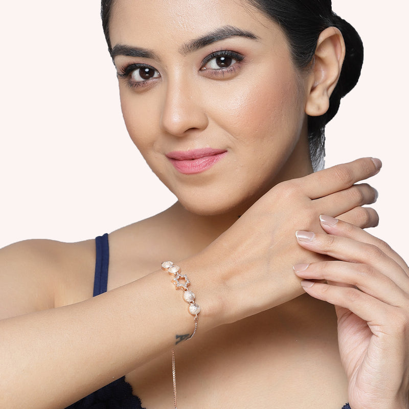 Rose Gold Plated American Diamond Studded Round & Star Charm Adjustable Bracelet Combo Set of 2