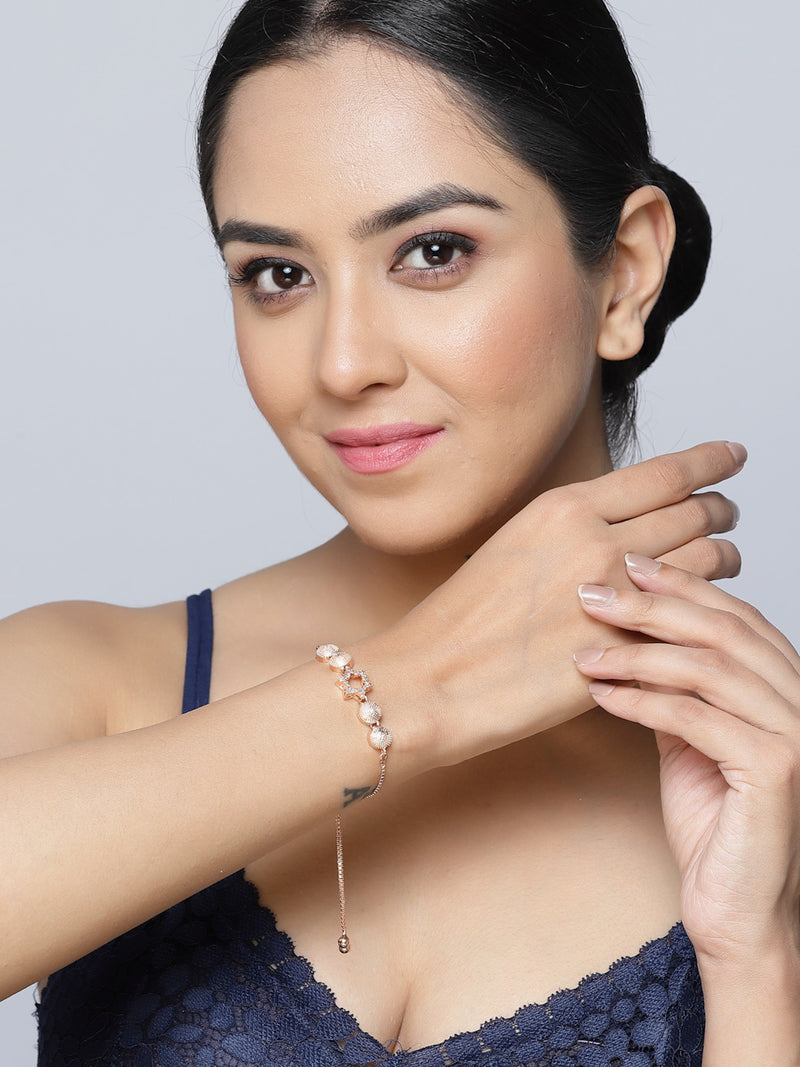 Rose Gold Plated Halo Star & Round Charm Beaded Set Of 2 Adjustable Stackable Bracelet