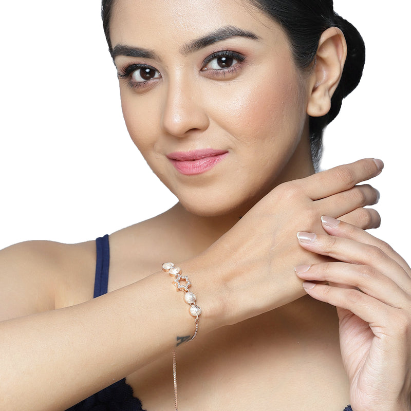 Rose Gold Plated American Diamond Studded Heart & Star Charm Adjustable Bracelet Combo Set of 2