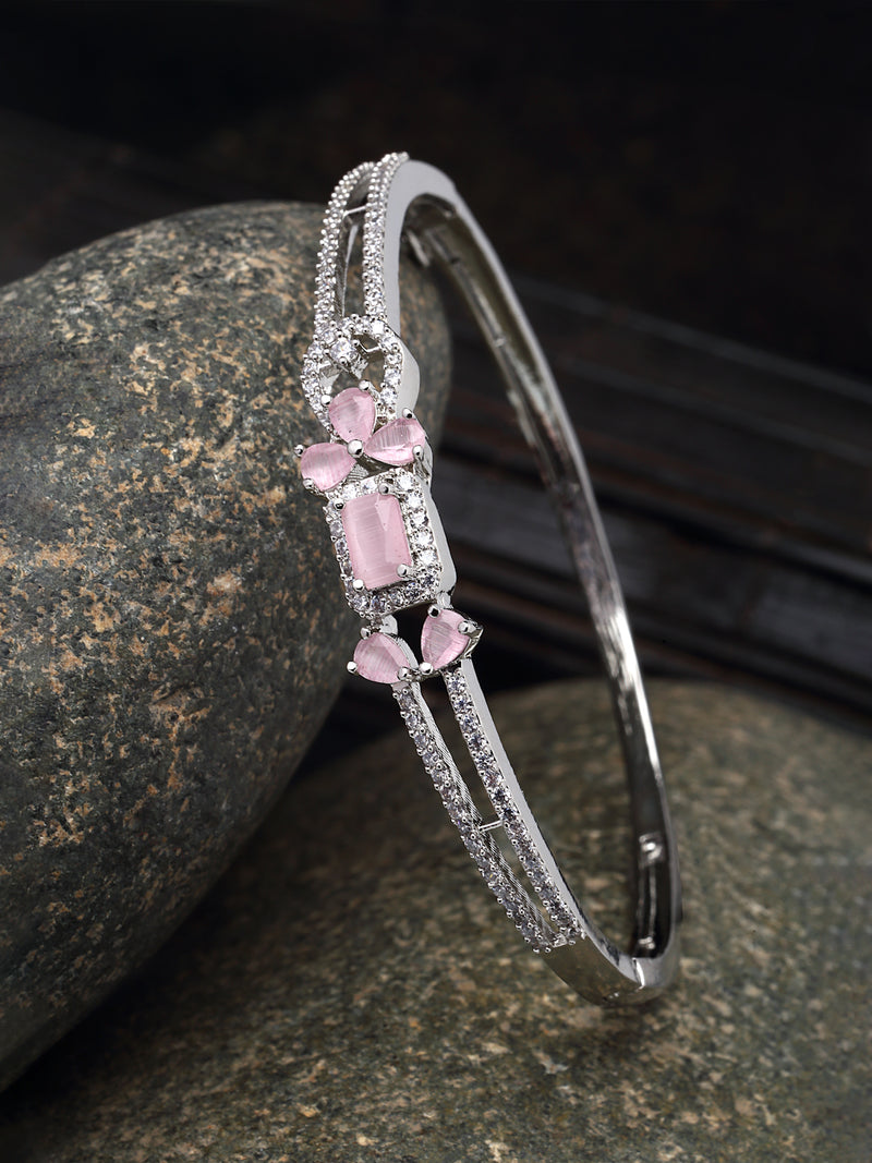 Rhodium-Plated Silver Toned Pink American Diamond Studded Kada Bracelet