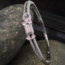 Rhodium Plated Silver Toned Square Pink American Diamond Studded Bracelet