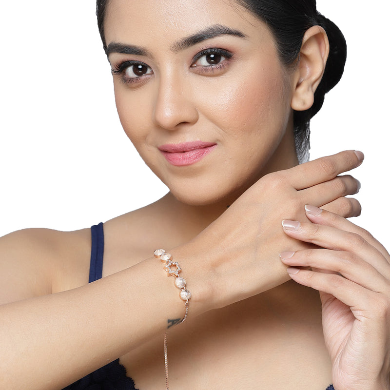 Rose Gold Plated  American Diamond Studded Pink Floral Design & Halo Star Charm Adjustable Bracelet Combo Set of 2