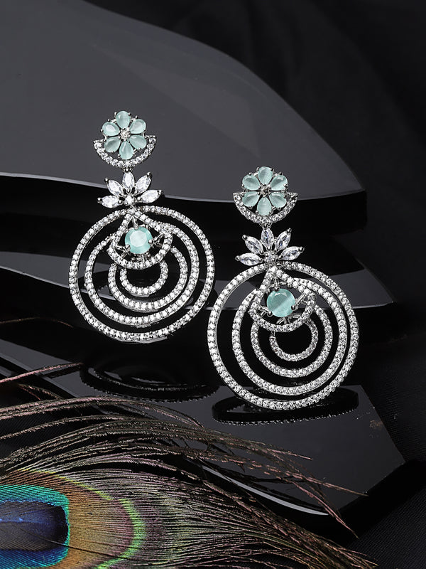 Rhodium-Plated Sea Green & White American Diamond studded Floral & Circular Layered Drop Earrings