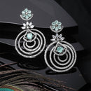 Rhodium-Plated Sea Green & White American Diamond studded Floral & Circular Layered Drop Earrings