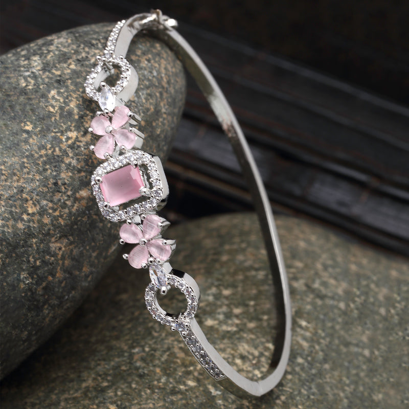 Rhodium-Plated Silver Toned Square Shaped Pink American Diamond Studded Bracelet
