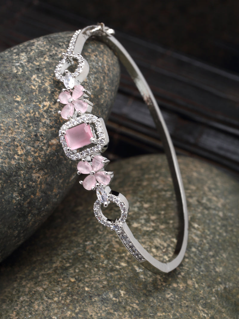 Rhodium-Plated Silver Toned Pink American Diamond Studded Kada Bracelet