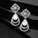 Rhodium-Plated White American Diamond studded Handcrafted Teardrop Layered Drop Earrings