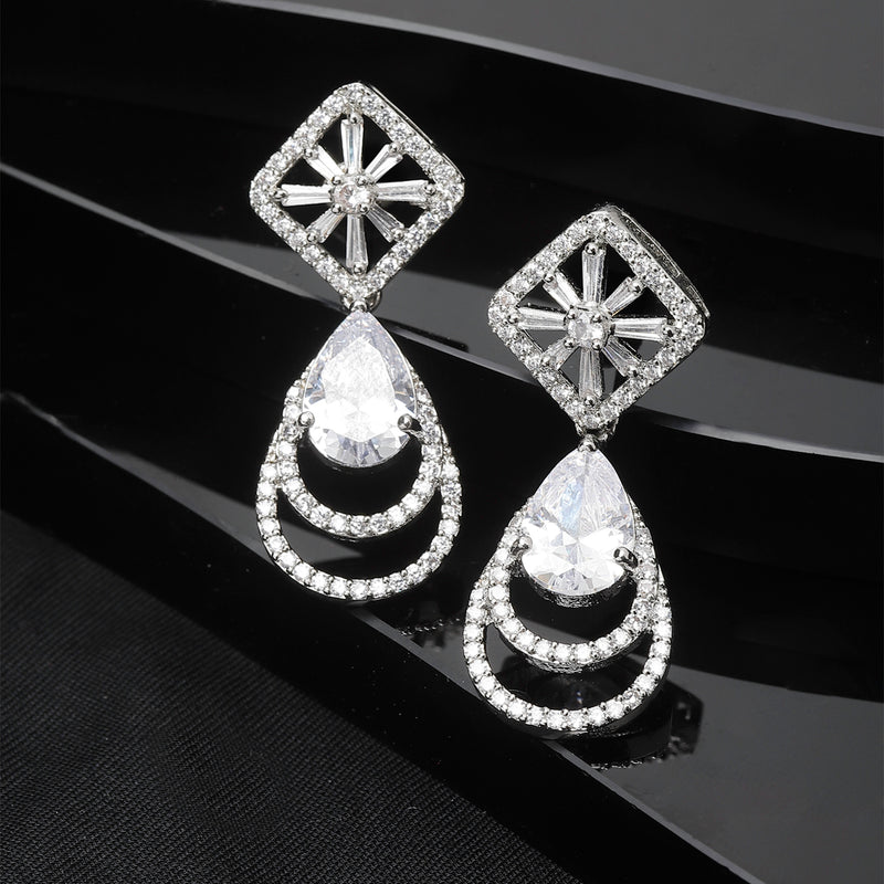 Rhodium-Plated White American Diamond studded Handcrafted Teardrop Layered Drop Earrings