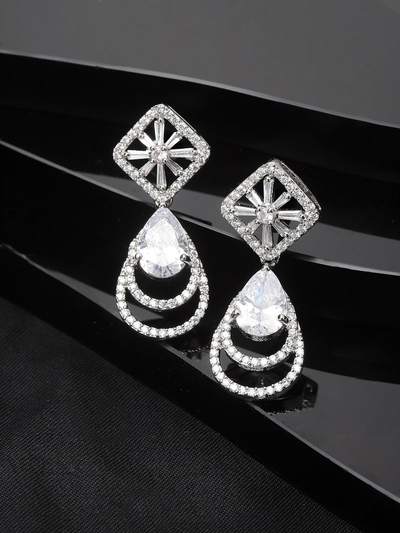 Rhodium-Plated White American Diamond studded Handcrafted Teardrop Layered Drop Earrings