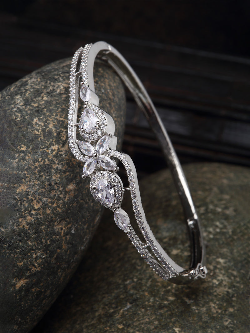 Rhodium-Plated Silver Toned White American Diamond Studded Kada Bracelet