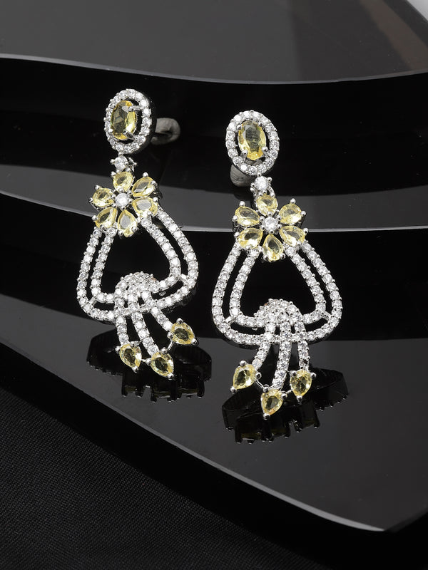 Rhodium-Plated Yellow & White American Diamond studded Floral Shaped Drop Earrings