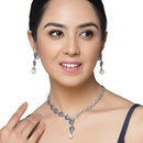 Rhodium-Plated Navy Blue American Diamond & White Pearl Studded Floral Necklace & Earrings Jewellery Set