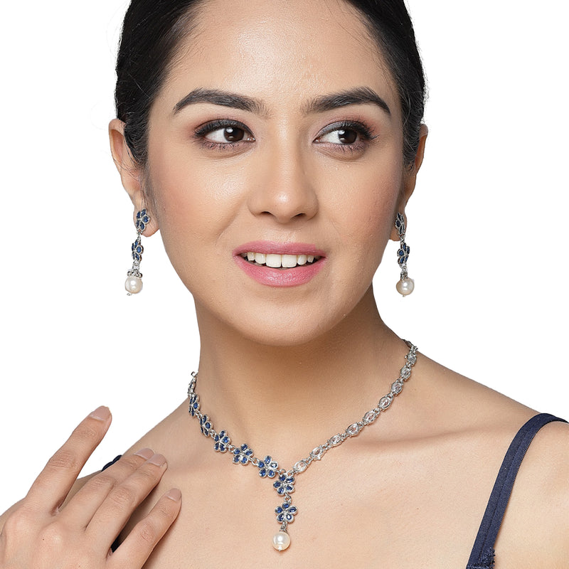 Rhodium-Plated Navy Blue American Diamond & White Pearl Studded Floral Necklace & Earrings Jewellery Set