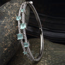 Rhodium-Plated Silver Toned Square Shaped Sea Green American Diamond Studded Bracelet