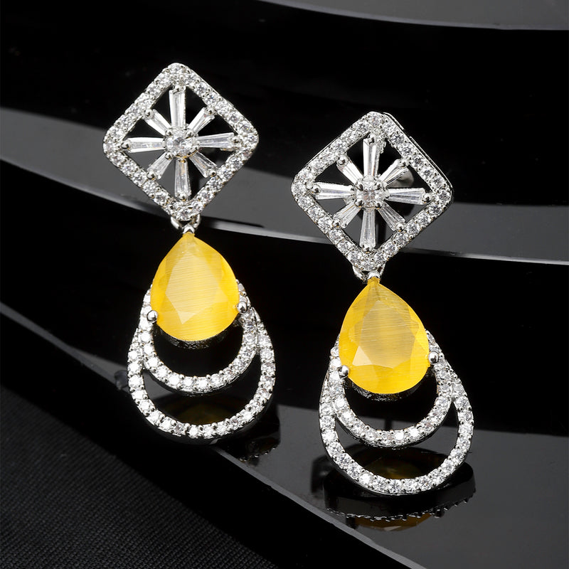 Rhodium-Plated Yellow American Diamond studded Handcrafted Teardrop Layered Drop Earrings