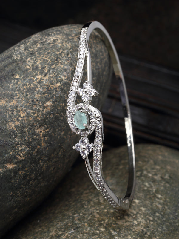 Rhodium-Plated Silver Toned Sea Green American Diamond Studded Kada Bracelet