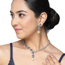 Rhodium-Plated Navy Blue American Diamond & White Pearl Studded Floral Necklace & Earrings Jewellery Set