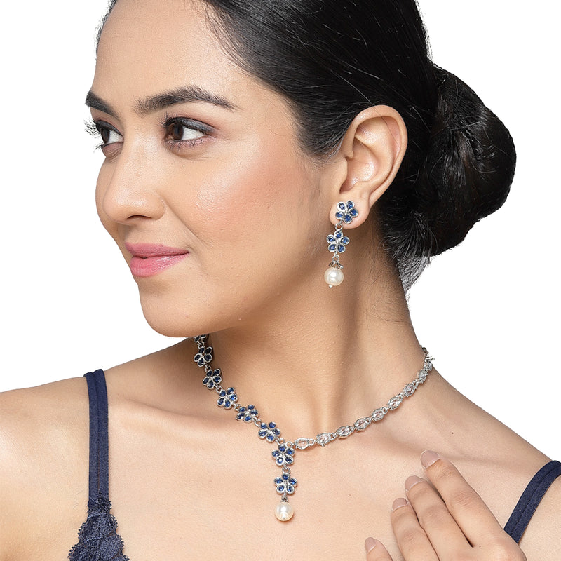 Rhodium-Plated Navy Blue American Diamond & White Pearl Studded Floral Necklace & Earrings Jewellery Set