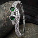 Rhodium-Plated Silver Toned Teardrop & Leaf Shaped Emerald Green American Diamond Studded Bracelet