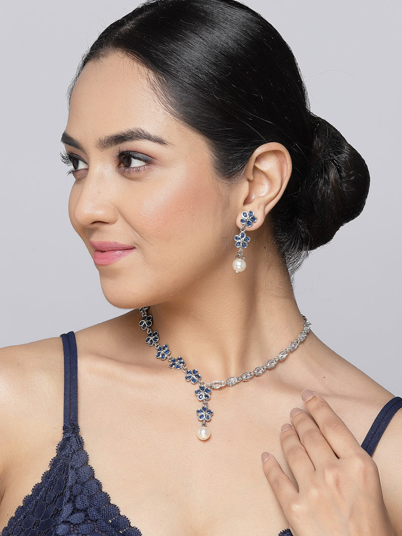 Rhodium-Plated Navy Blue American Diamond & White Pearl Studded Floral Necklace & Earrings Jewellery Set