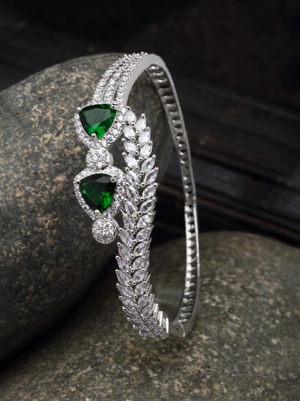 Rhodium-Plated Green American Diamond Studded Teardrop & Leaf Shaped Kada Bracelet