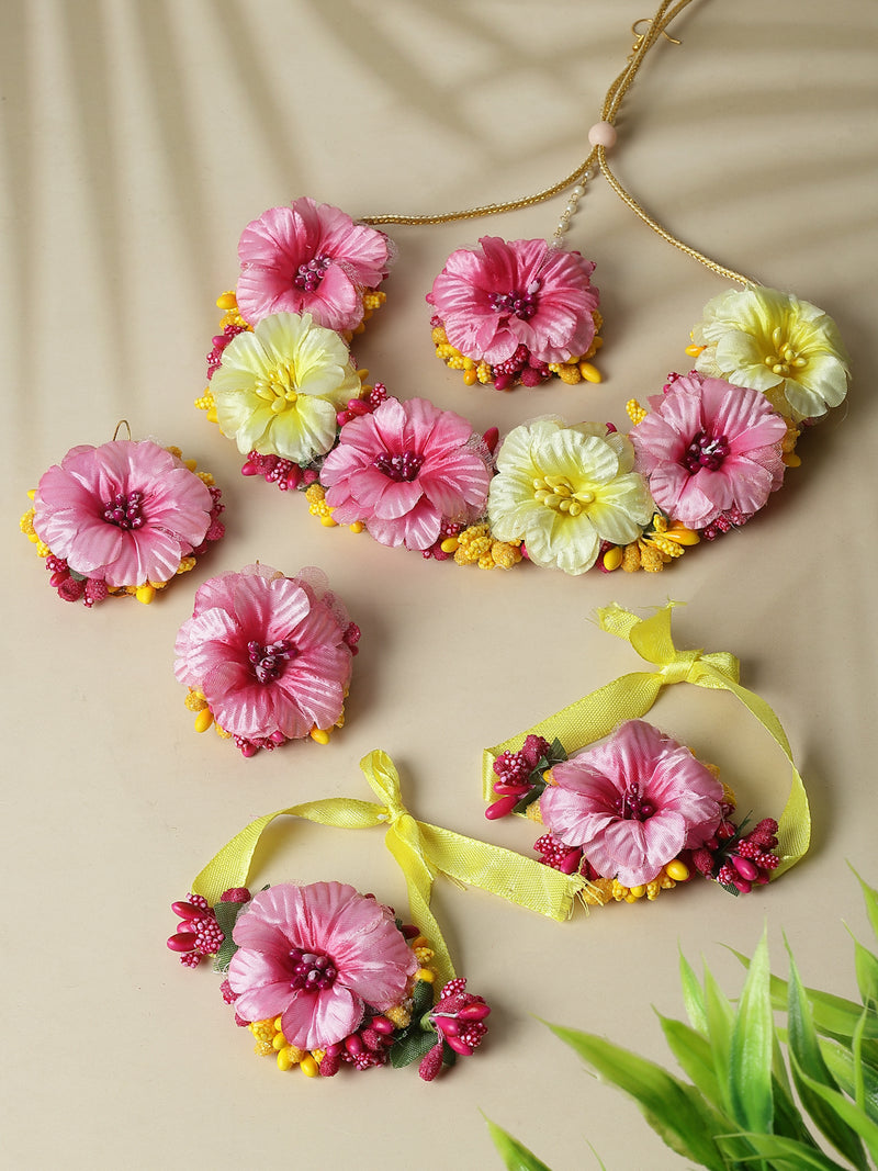 Gold-Plated Yellow-Pink Floral White Pearls Beaded Haldi & Mehendi Jewellery Set with Maang Tikka & Haathphool